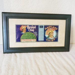 1940's VTG Framed Maryland Chief Brand Peas Baltimore Tin Can Label Vegetables